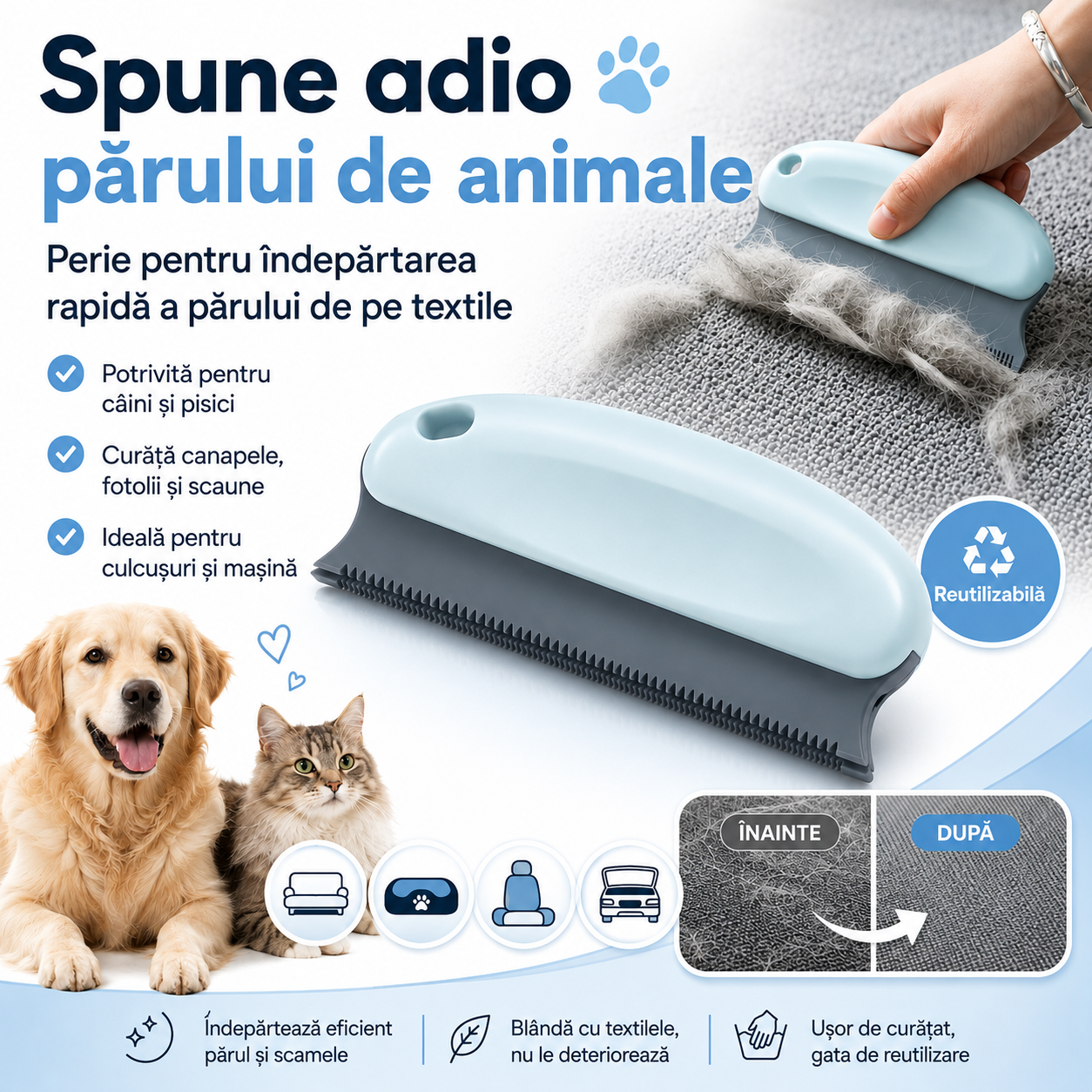Perie pentru Îndepărtat Păr de Animale | Pisici și Câini | Delicată cu Țesătura, Reutilizabilă