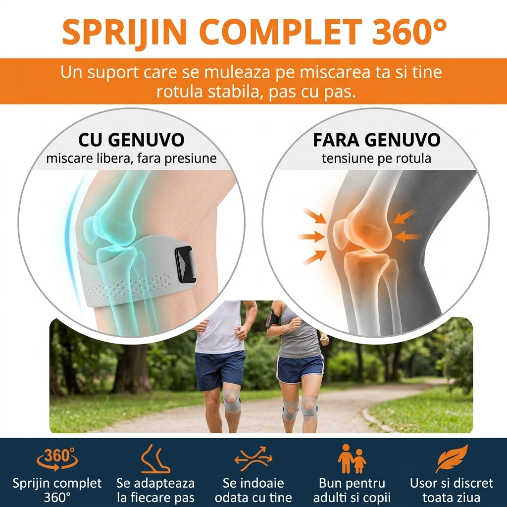 Genuvo™ – Bandă Ortopedică din Silicon pentru Genunchi | Suport Reglabil pentru Rotulă