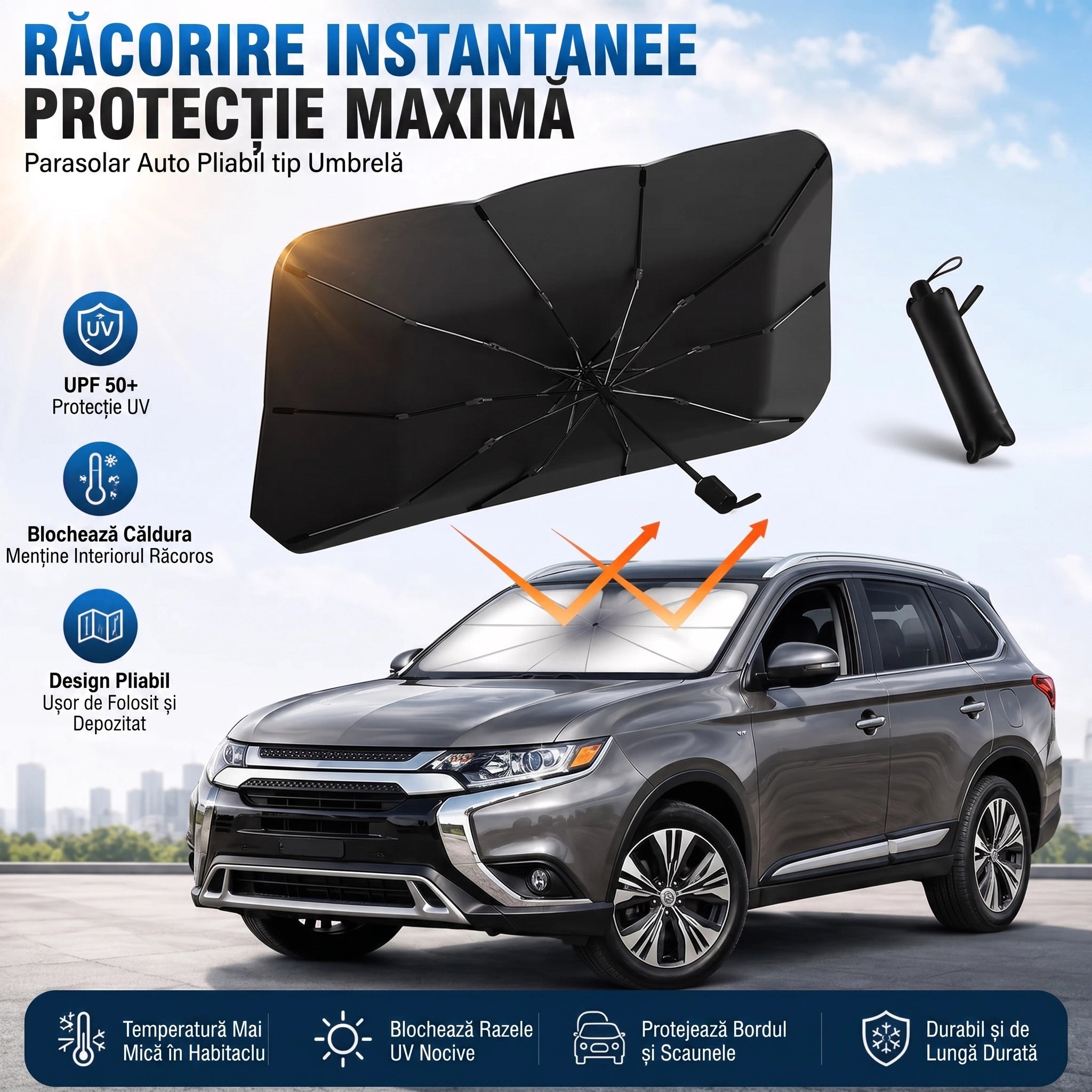 Parasolar Umbrelă UVX Pro - Reduce temperatura din mașină cu până la 30°C